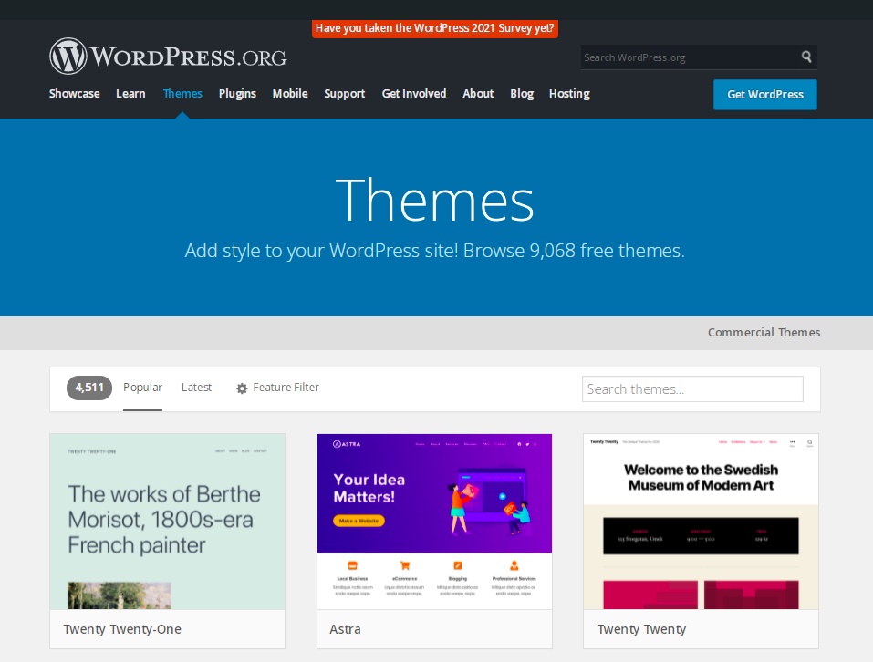 WordPress themes page