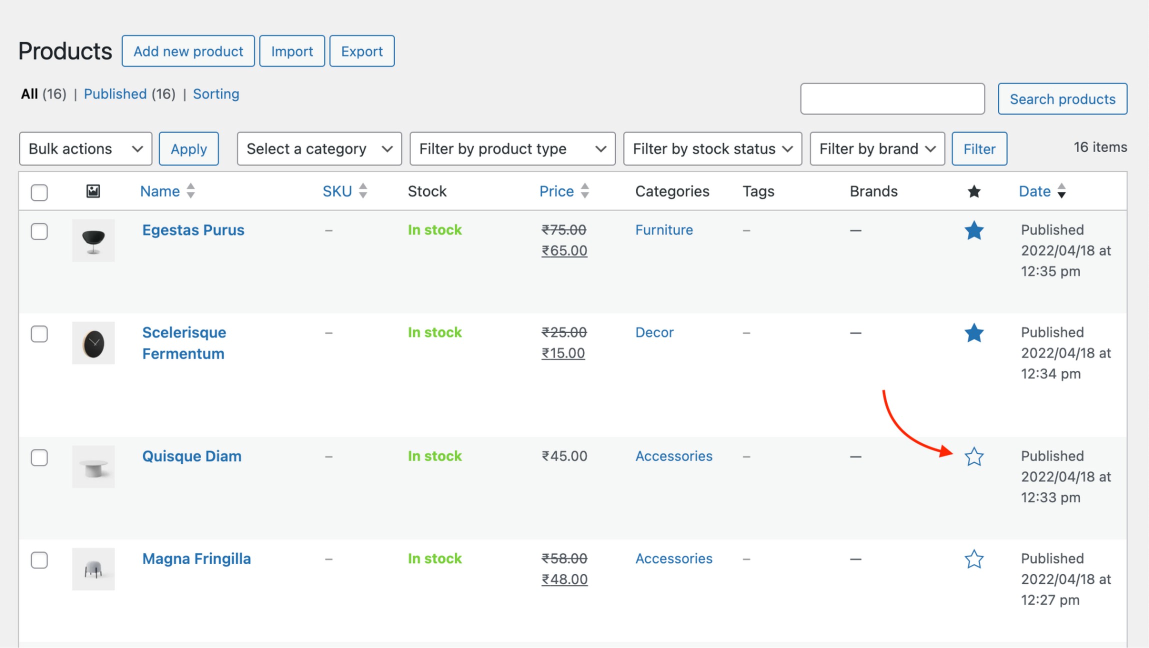 You can mark a product as featured by clicking the star icon in your WordPress products dashboard.